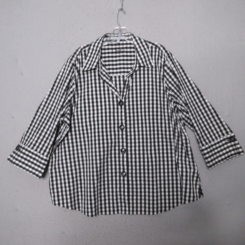 Foxcroft Shirt 20W Shaped Stretch Gingham Black White Preppy Academia Timeless